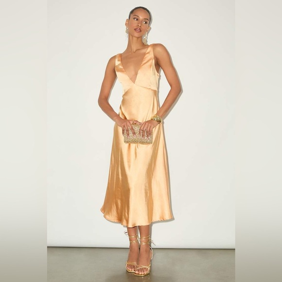 LULU’S Incredible Love Light Orange Satin Cowl Back Midi Slip Dress - Picture 4 of 7